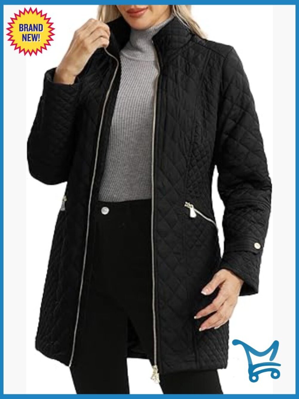 Plus Size Quilted Lightweight Jacket Long Stand Collar Zip Front Spring Fall